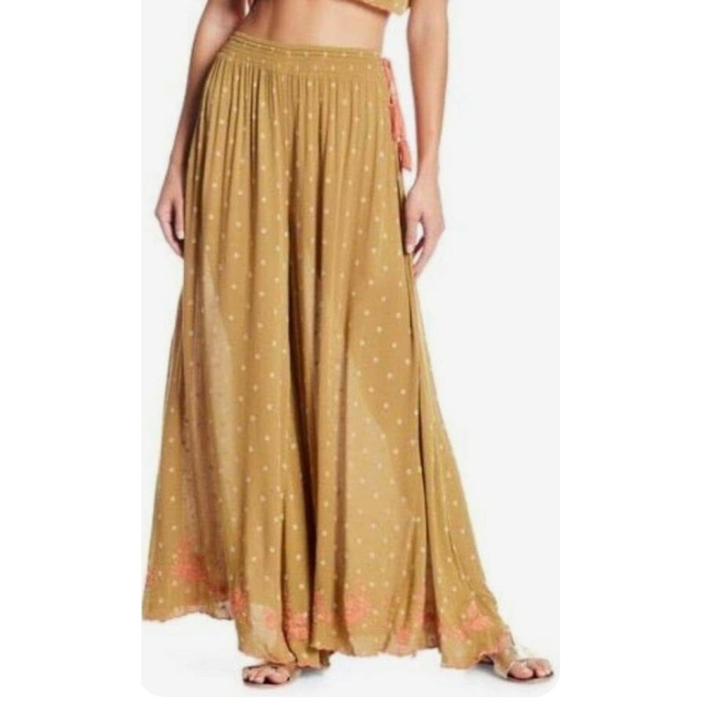 Free People Hearts Rising Embroidered Wide Leg Pants Moss Green Polka Dot Small